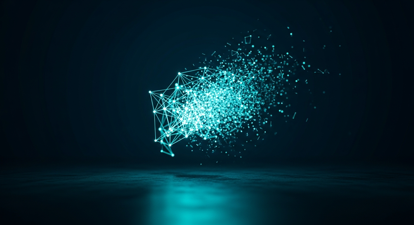 Fragmented data streams reassembling in teal light -- AI memory reconstruction