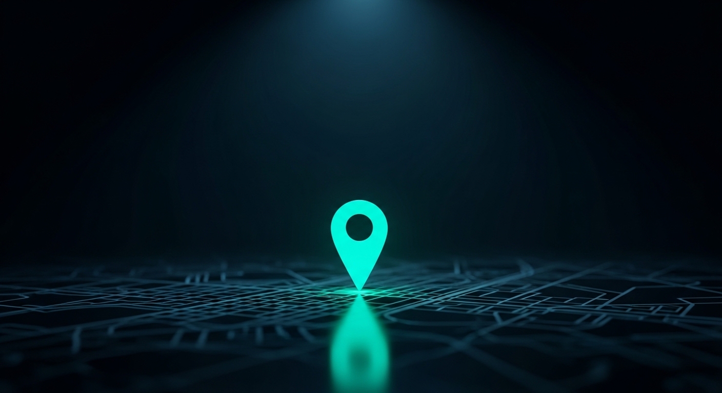 Location pin glowing teal on dark city grid, local market presence