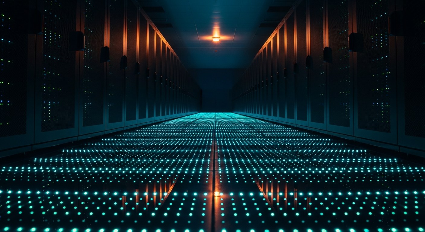 Hyperscale data center corridor with rows of server racks and teal LED lighting reflecting on polished floor